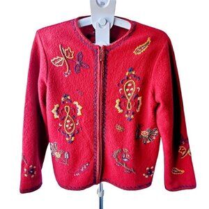 𝅺vintage Tabi Red Embroidered floral Cabincore Pure Wool Women's Jacket. Medium